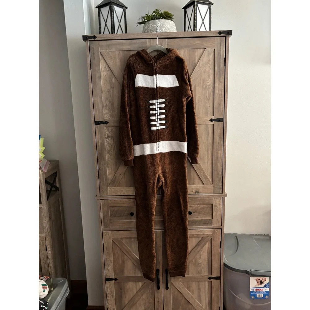 Cat & Jack Kids Brown Football Fleece Hooded Union Suit Pajamas Size M 8/10